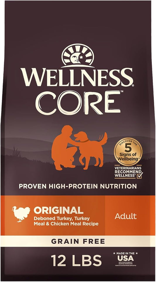 Wellness CORE Grain-Free High-Protein Dry Dog Food, Natural Ingredients, Made in USA with Real Meat, All Breeds, For Adult Dogs (Original Turkey & Chicken, 12-Pound Bag)