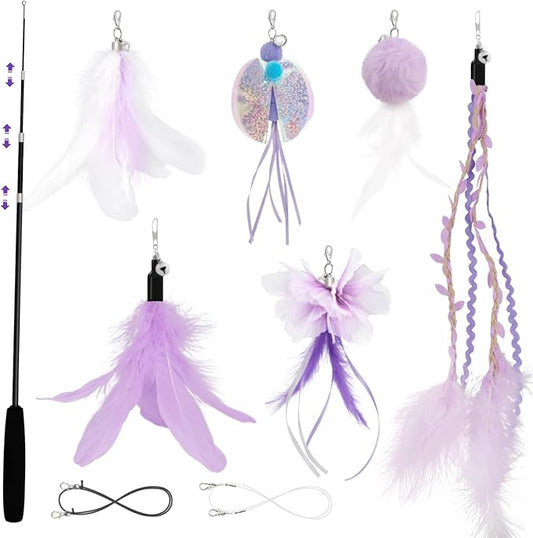 SONGWAY Cat Wand Toys for Indoor Cats - Cat Toy Set with Retractable Teaser Wand and 6 PCS Fairy Feather Toy Refills, Dragonfly Tassel Plush Cat Toys Interactive, Purple
