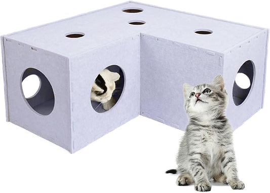 Cat Tunnel Hideaway for Indoor Cats - Soft Felt Toy With Interactive Peek Hole, Cave and Cube for Small, Medium, Large Cats