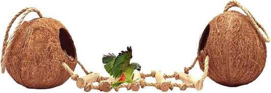 Tfwadmx Natural Coconut Hide with Ladder Perches Hanging Bird House Toy for Cage Parrot Breeding Nest for Gecko Parakeet Lovebird Finch Hamster