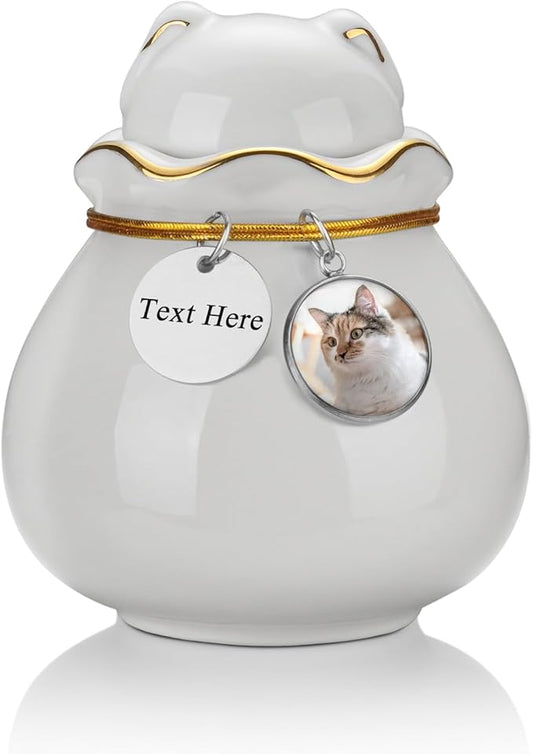SOITIS Engraving Customized Pet Memorial Urn for Cat or Dog Ashes - 3.54"x3.15" Elegant Ceramic Keepsake Holder with Cat-Shaped Lid & Gold Trim, Small White Urn for Pet Ashes