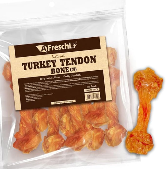 AFreschi Natural Turkey Tendon Bone (M) 10 oz, USA-Sourced Turkey Tendon, All Natural Puppy Chew, Hypoallergenic, Rawhide Alternative, for Medium Breeds