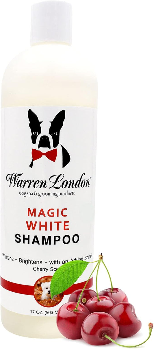 Warren London Magic White Dog Shampoo | Whitening Shampoo for White Dogs & Lighter Dog Coats | Puppy and Cat Safe Grooming Supplies | Cherry Scent | Made in USA | 17oz