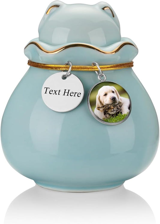 SOITIS Engraving Pet Memorial Urn for Cat or Dog Ashes - 3.54"x3.15" Elegant Ceramic Keepsake Holder with Cat-Shaped Lid & Gold Trim, Small Blue Urn for Pet Ashes