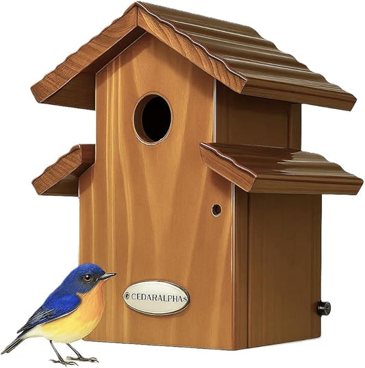 Water Proof Bluebird House for Outside, 2 Layers Metal Roof Water Proof, Outdoor Lifetime Durability Solid Cedar Wood Bird House for Pole, Secure Latch, Updated 1.5" Hole Size (Comfy Mansion)