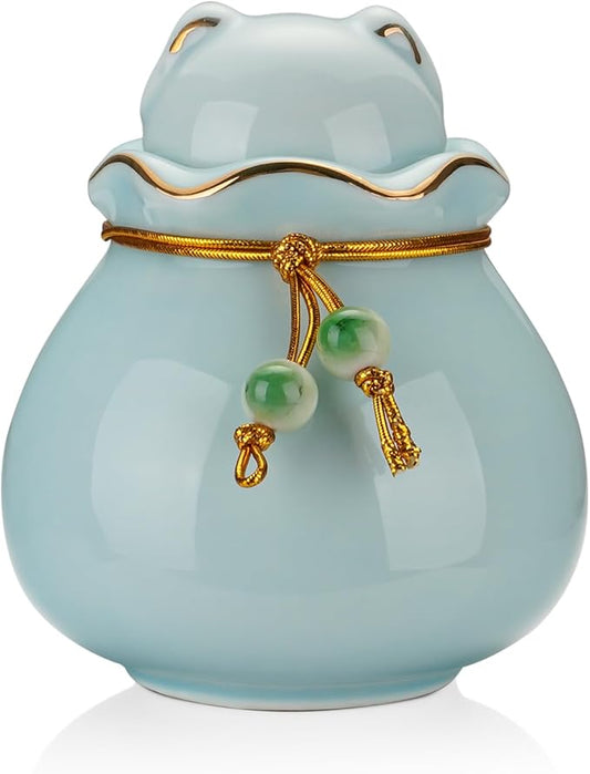 SOITIS Pet Memorial Urn for Cat or Dog Ashes - 3.54"x3.15" Elegant Ceramic Keepsake with Cat-Shaped Lid & Gold Trim, Small Blue Urn for Pet Ashes