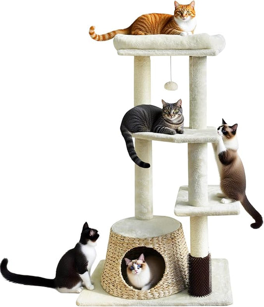 43.6??Rattan Cat Tree Tower with Woven Cat House, Multi-Level Condo & Scratching Posts - Sisal Poles, Grooming Brush, Plush Perch & Dangling Toy, Stylish Cat Furniture for Indoor Cats