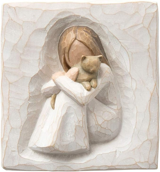 Willow Tree Comfort, an Embrace of Comfort and Love, an Expression of Friendship and Love of Cats in Carved Bas-Relief, Sculpted Hand-Painted Plaque
