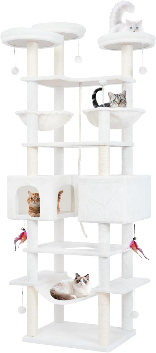 71in Multifunctional Multi-Level Cat Tree Tower for Indoor Cats,Cat Tree with Hammock,2 Condos,2 Hanging Baskets,2 Feather Toys,3 Perches,5 Hanging Balls,7 Scratching Posts,Beige