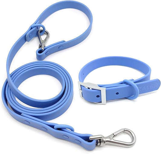ZALER Dog Collar and Leash Set, Waterproof Adjustable Odor Proof Pet Collars Leashes Easy to Clean, 6FT Dog Leash with 2 Hooks for Large, Medium Small Dogs (XS, Blue)
