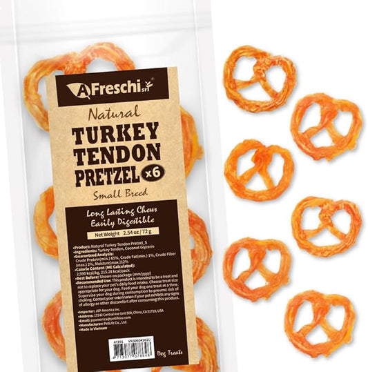 AFreschi Turkey Tendon Pretzel (S) 6 Pieces per Pack, USA-Sourced Turkey Tendon, All Natural Human Grade Puppy Chew, Hypoallergenic, Rawhide Alternative, Dog Treats for Small Breeds
