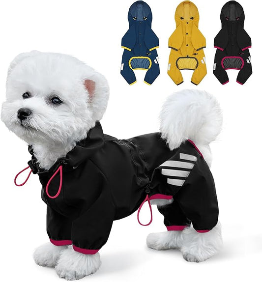 Dog Raincoat, Waterproof Dog Rain Jacket with Hood, Rain Coat with Leash Hole, Reflective Strap for Small Medium Dogs, Lightweight Puppy Clothes(Black,S)