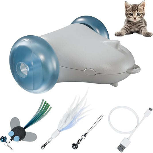 Rolling Rover ??Interactive Cat Toy with RGB Wheels, Automatic Moving Mouse-Shaped Design, Feather Butterfly and Bell Attachments, Smart Motion Activated for Indoor Cats & Kittens (Blue)