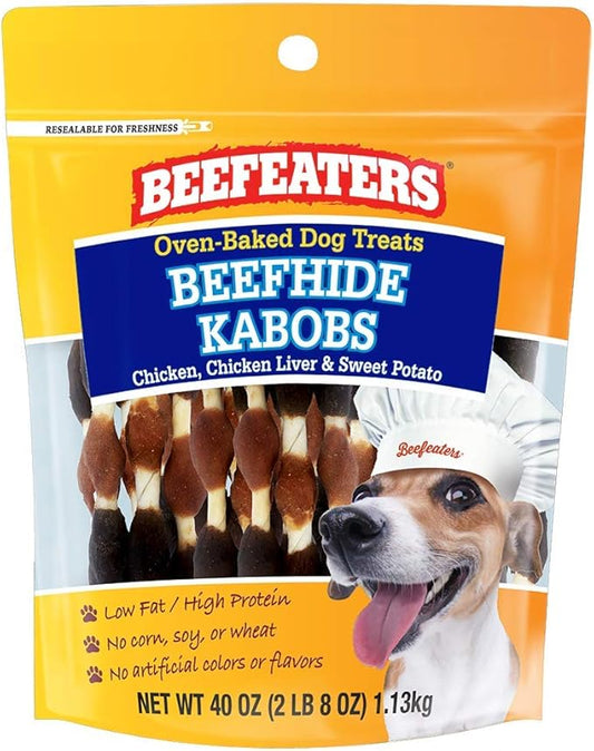 Beefeaters Beefhide Kabobs ??Dog Treat. Triple Flavor with Real Chicken, Liver & Sweet Potato, Long-Lasting Chew, Supports Dental Health, Ideal for Training