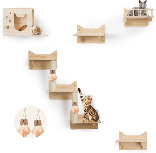Wall-Mounted Cat Shelves for Large Cats ??9-Piece Pine Wood Cat Furniture with Scratching Posts, Ladder & House ??Indoor Modern Climbing Wall Gym for Cats