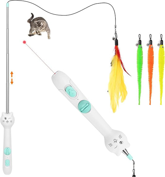 TBTeek Cat Toy, 2in1 Light and Retractable Pole with Feather, Rechargeable, Long Range 5 Modes, Interactive Toy for Indoor Cat Kitten Dog