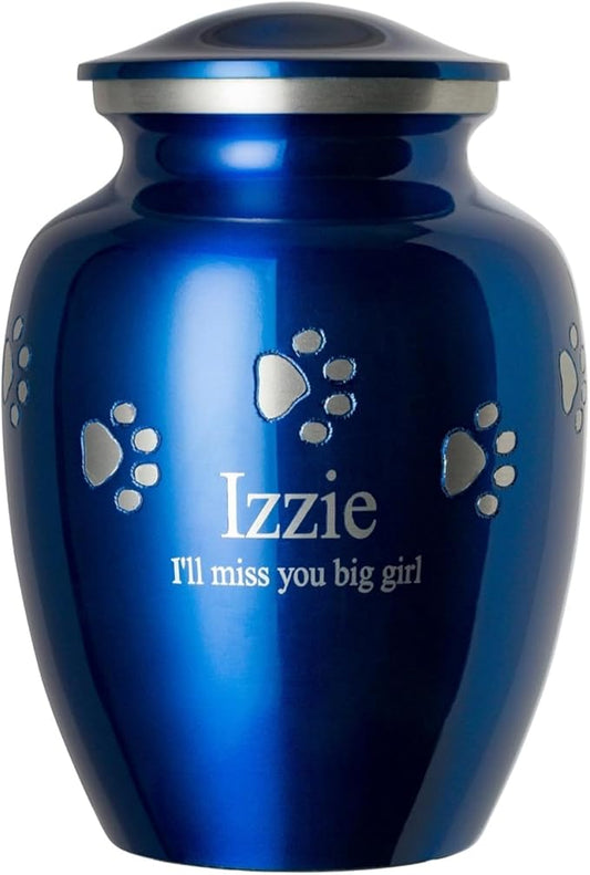 Pet Urn for Dogs and Cats with Personalized Laser Engraving, Ottillie Paws Premier Series Memorial Urns (Small Sapphire Blue with Horizontal Pewter Paws)
