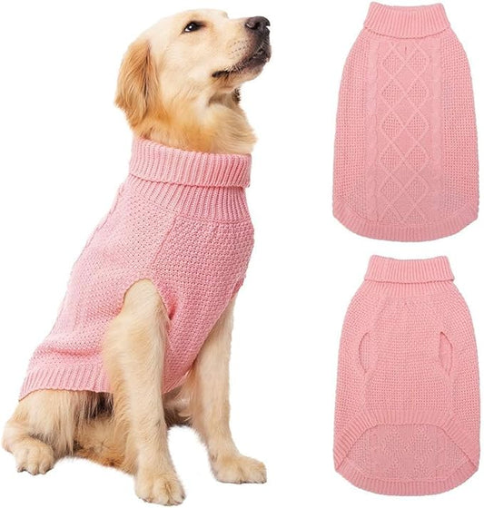 Mihachi Turtleneck Dog Sweater - Winter Coat Apparel Classic Cable Knit Clothes with Leash Hole for Cold Weather, Ideal Gift for Pet in New Year Flesh Pink Large