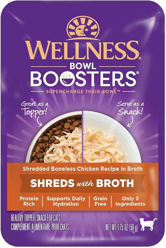 Wellness Bowl Boosters Wet Cat Food Topper, Grain Free, Natural, Shredded Chicken Recipe in Broth, 1.75 Ounce Pouch (Pack of 12)