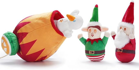 Nocciola Christmas Squeaky Dog Toys 4PCS, Interactive Hide and Seek Dog Toys Christmas Theme- Santa/Snowman/Elf in Cannon Toys Plush, Crinkle Dog Chew Toys for Large Medium Small Dogs