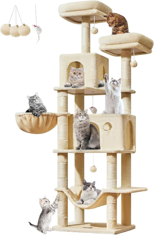 Taoqimiao Large Cat Treeï¼?3-Inch Cat Tree Tower with 9 Scratching Posts for Indoor Cats, 2 Large Cat Condo with Hammock, Hanging Basket, 2 Extended Platform, Beige MS013XLM