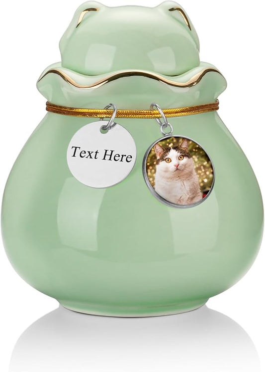 SOITIS Engraving Customized Pet Memorial Urn for Cat or Dog Ashes - 3.54"x3.15" Elegant Ceramic Keepsake Holder with Cat-Shaped Lid & Gold Trim, Small Cyan Urn for Pet Ashes