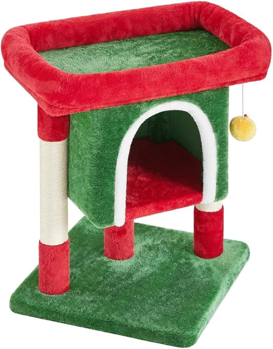 Yaheetech Christmas Themed Cat Tree 23.5in, Cat Tower with Wide Perch, Spacious Condo, Scratching Posts for Large Kitty, Indoor Activity Center Pet Furniture Decoration, Red/Green