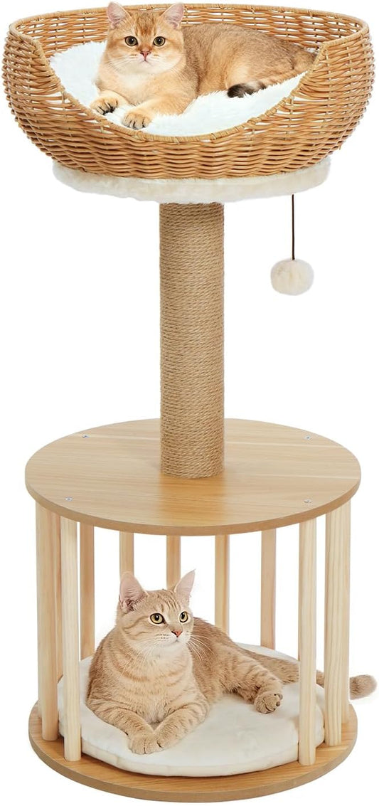 Made4Pets 30in PE Rattan Cat Tree Tower with Scratching Post, Birdcage-Style Wooden Condo with Reversible Cushion & Thickened Base, Handwoven Wicker Basket Bed and Plush Cushion Top Perch