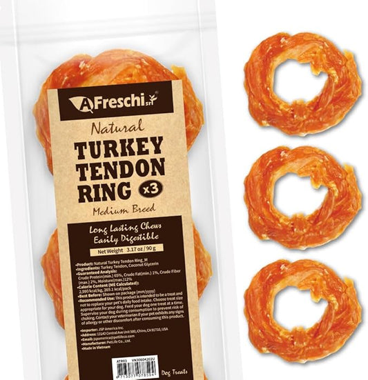 AFreschi Turkey Tendon Ring (M) 3.17 oz, USA-Sourced Turkey Tendon, All Natural Human Grade Dog Chew, Hypoallergenic, Rawhide Alternative, Dog Treats for Medium Breeds