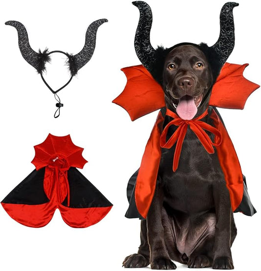 2 Pcs Dog Halloween Costume Set Cat Witch Vampire Cape Devil Horns Hat Holiday Clothes for Cat Puppy Halloween Party Pet Outfits M