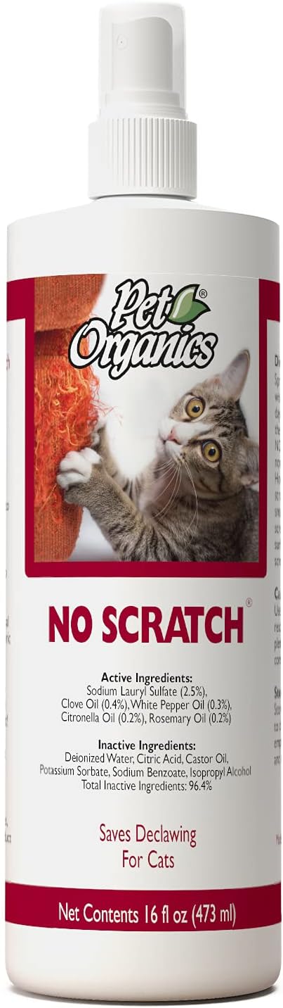NaturVet Pet Organics No Scratch Spray for Cats ??Pet Training Spray to Discourage Clawing, Cat Scratching ??Safe for Carpet, Furniture, Drapes, Fabric ??cGMP Compliant ??16 Oz.