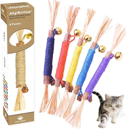 Natural Dried Matatabi Cat Chew Stick with Gall Fruit, Raffia Grass & Bell Cat Ball Toys, Handmade Silvervine Sticks Interactive Catnip Toys for Teething & Entertainment (Size M Color D)