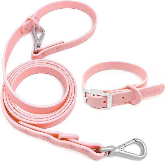 ZALER Dog Collar and Leash Set, Waterproof Adjustable Odor Proof Pet Collars Leashes Easy to Clean, 6FT Dog Leash with 2 Hooks for Large, Medium Small Dogs (S, Pink)