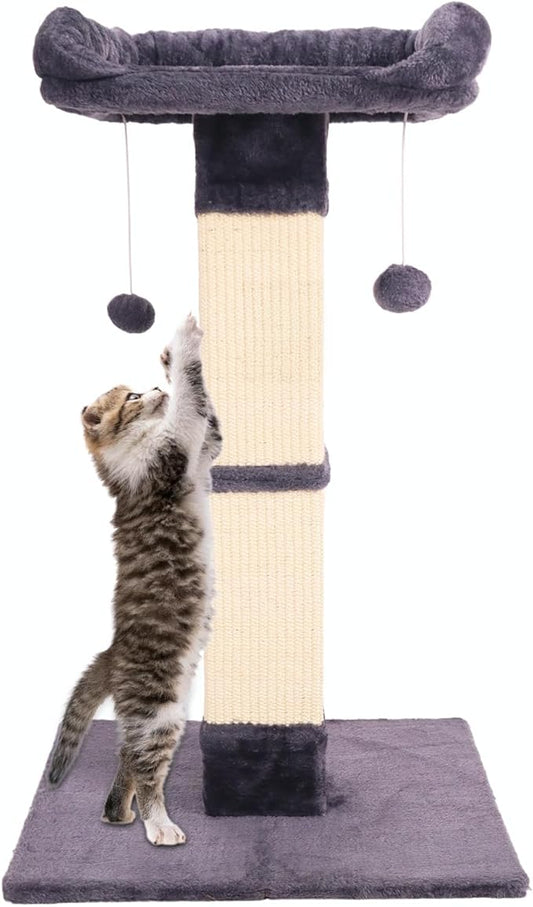 34" Cat Scratching Post for Indoor Cats, Sisal Cat Scratcher with Large Plush Perch, Vertical Posts with Elevated Bed and with Two Dangling Balls, Removable & Washable Cover, Dark Grey