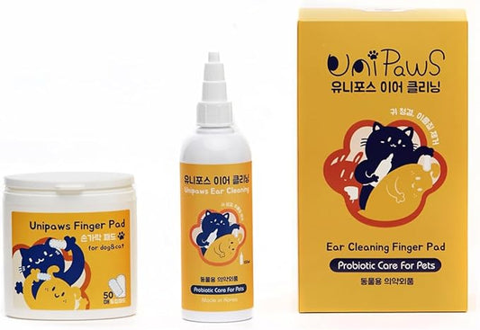 UNIPAWS Pet Ear Drops & Wipes Set for Dogs & Cats ??Veterinary-Approved Ear Cleaner & Deodorizer ??Reduces Wax Buildup, Relieves Itching & Infection ??5.1 fl oz + 50 PCS Finger Wipes ??Made in Korea