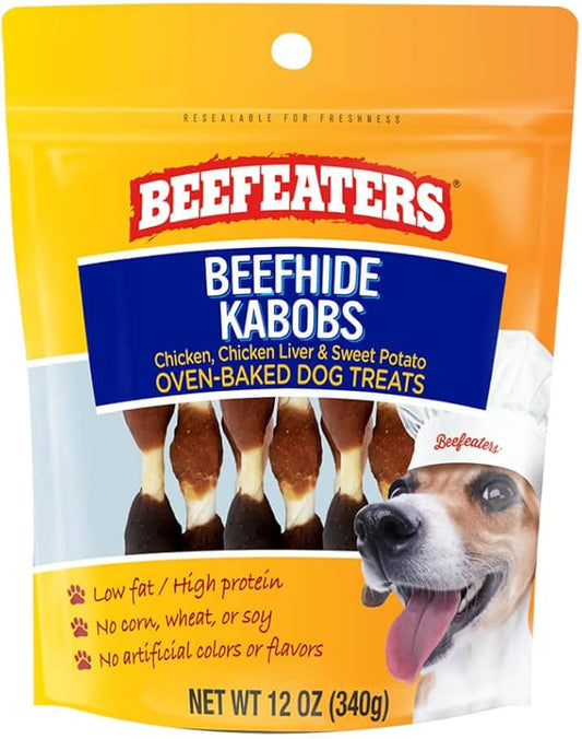 Beefeaters Beefhide Kabobs ??Dog Treat. Triple Flavor with Real Chicken, Liver & Sweet Potato, Long-Lasting Chew, Supports Dental Health, Ideal for Training