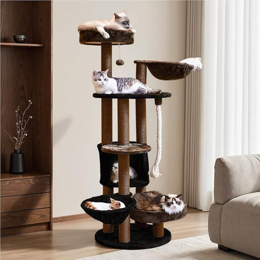 64 in Heavy Duty Cat Tree, Cat Tower for Indoor Large Cats, Multi-Level Cat Furniture with Sisal Scratching Post, Hammock Extra-Large Platform & Condo (Brown)