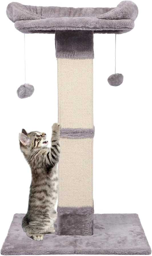 34" Tall Cat Scratching Post with Bed, Sisal Scratch Posts Trees with Plush Perch and Hanging Ball for Indoor Cats, Removable Cover, Large Scratch Post and Base, Rugged and Durable, Light Grey