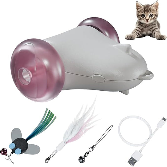 Rolling Rover ??Interactive Cat Toy with RGB Wheels, Automatic Moving Mouse-Shaped Design, Feather Butterfly and Bell Attachments, Smart Motion Activated for Indoor Cats & Kittens (Pink)