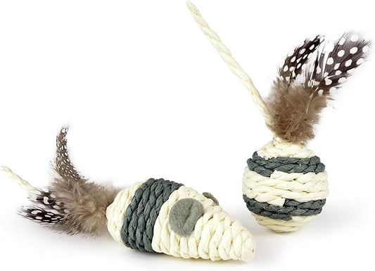 TTcat Cat Toys Set with Paper Rope & Feathers Ball and Mouse 2 Pack, Interactive Toys for Indoor Cats and Kittens.