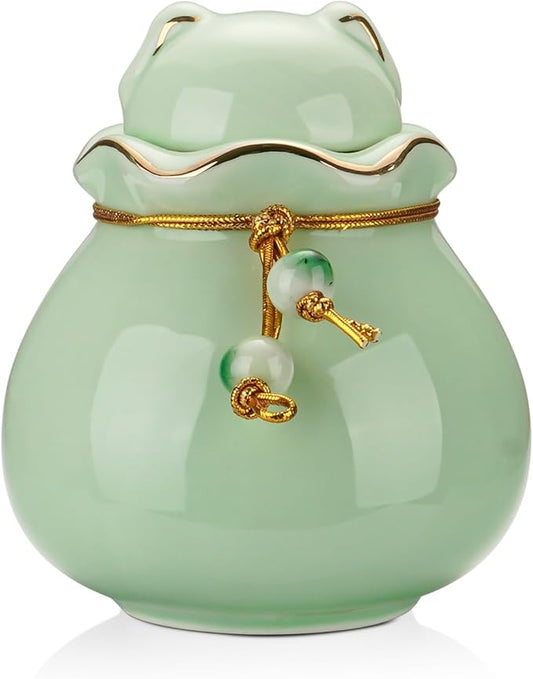 SOITIS Pet Memorial Urn for Cat or Dog Ashes - 3.54"x3.15" Elegant Ceramic Keepsake Holder with Cat-Shaped Lid & Gold Trim, Small Cyan Urn for Pet Ashes