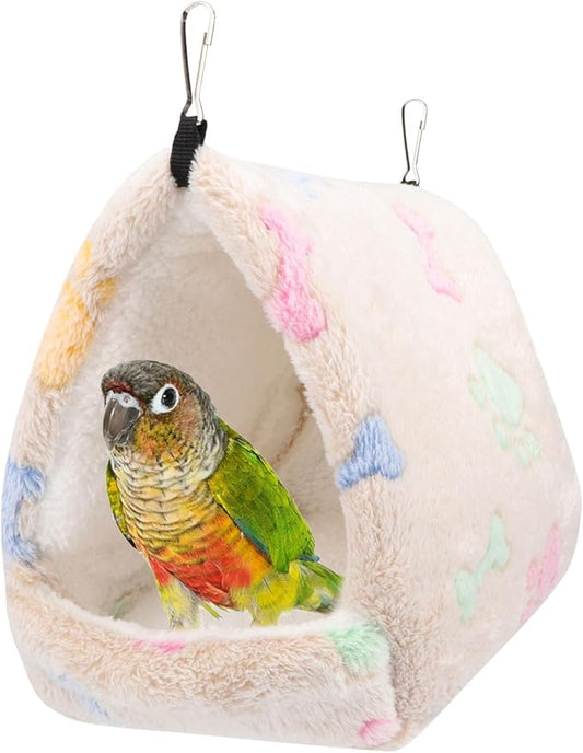 Hypeety Winter Warm Bird Nest Triangle Cotton Nest Warm and Thick Bird Shed Hut Plush Fluffy Parrot Hanging Hammock Bird Hideaway for Parrot Budgies Parakeets Cockatiels Conures Hamster (Brown, L)