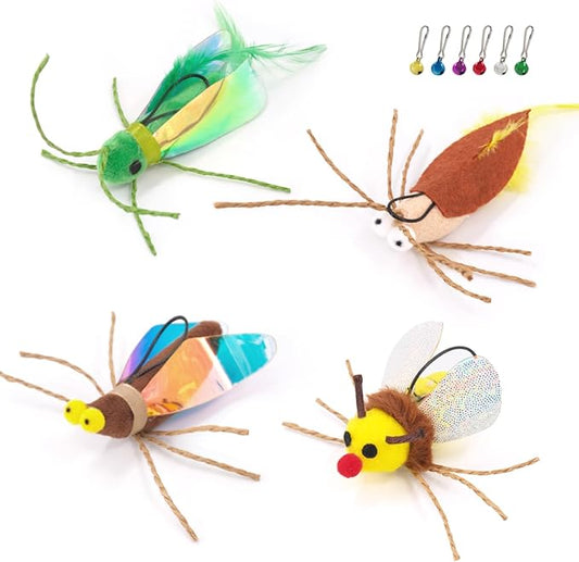 SONGWAY Cat Toy Wand Refill Bugs - 4 Pieces Cat Bug Toys Replacement, Teaser Wand Toy Attachments, Interactive Insect Feather Toys for Cats Kittens