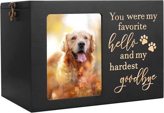 Pet Memorial Urns for Dog or Cat Ashes, XLarge Wooden Funeral Cremation Urns with Photo Frame, Keepsake Memory Box with Black Flannel Lining