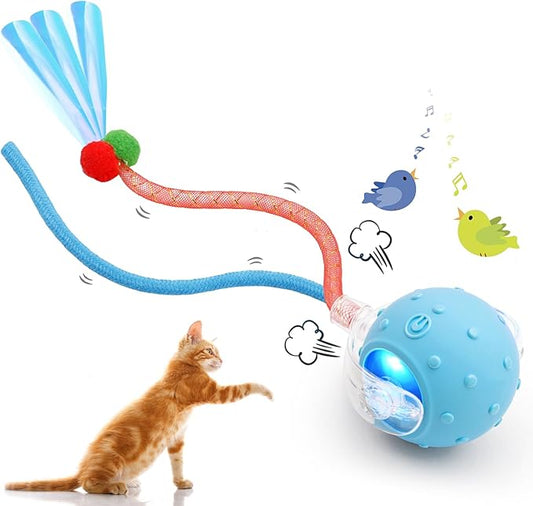 Interactive Cat Toy Ball for Indoor Features Fast Rolling, Bird Chirping Sounds,Intelligent Activation.It?™s Rechargeable and Includes Two Replaceable Tail Types