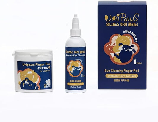 UNIPAWS Dog & Cat Eye Area Cleaner with Wipes ??Vet-Recommended Tear Stain Remover ??5.1 fl oz Cleaner + 50 Dry Finger Wipes ??Probiotic & Plant Formula, Gentle Grooming Care