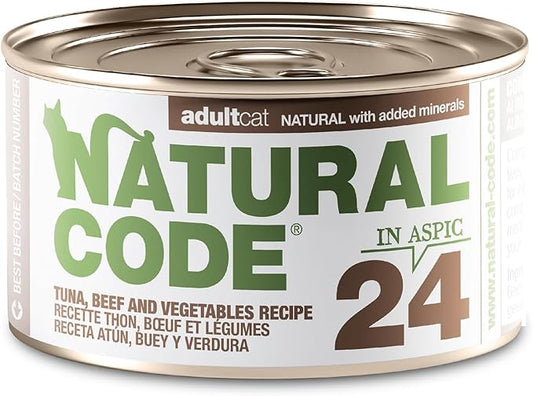 Natural Code Limited Ingredient Wet Cat Food Topper, High Protein, Low Fat, Additive-Free, Non-GMO, No Artificial Colors or Flavors, Tuna, Beef & Vegetables in Aspic for Adult Cats 24 Pack of 3oz Cans
