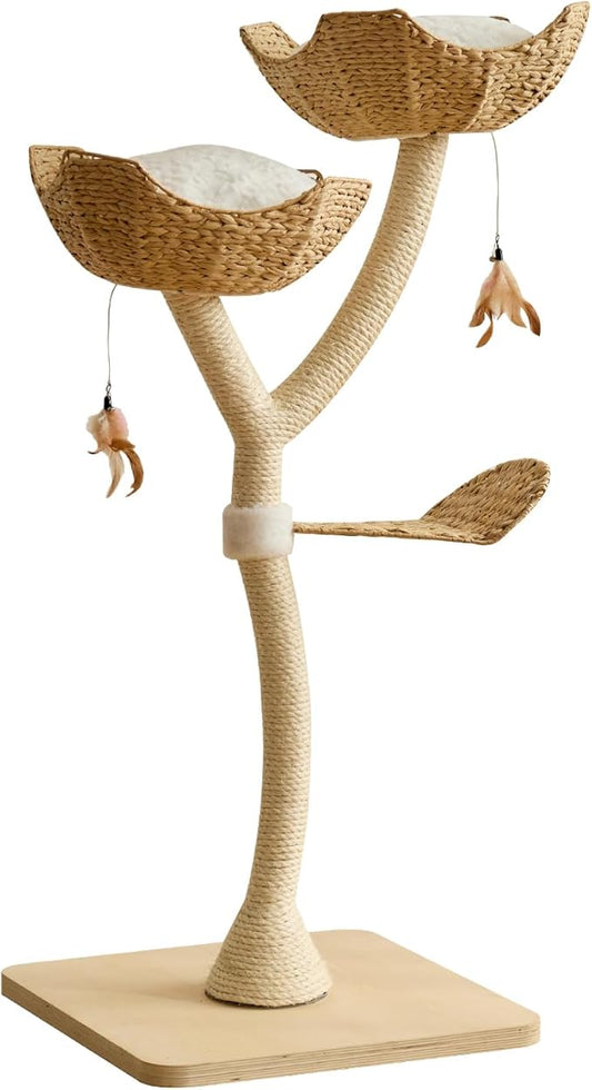 51" Tall Modern Luxury Cat Tree Tower Cat Scratching Post with Handwoven Baskests for Multiple Cats Furniture for Cat Lover Gifts(51" Natural)