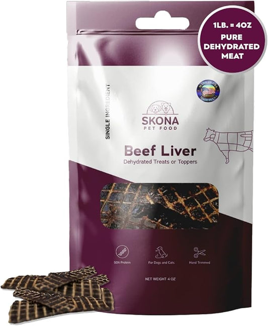 Skona PetFood Beef Liver Jerky Dog & Cat Treats, Single-Ingredient, High Protein Training Snacks, Natural & Healthy, USA Made, Supports Digestion, Energy & Shiny Coat, Rich in Nutrients, 4oz