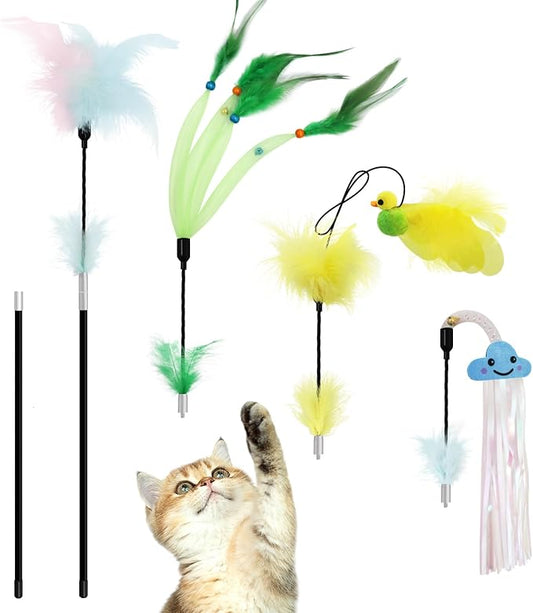 SONGWAY Cat Feather Wand Toy - Cat Teaser Toy Wand with 4 Flexible Feather Teaser Refills, Interactive Cute Tassel Cat Toys for Indoor Cats Kittens